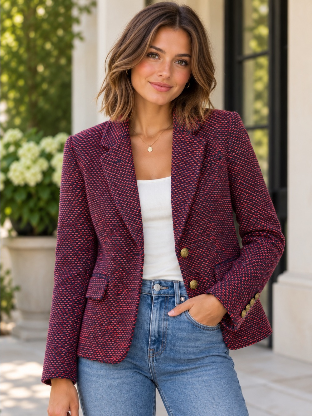 Banana Republic Navy & Red Bouclé Blazer | Gold Button Preppy Chic Size 8